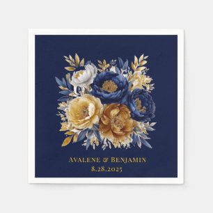 Navy And Gold Watercolor Peony Bouquet Wedding Napkins