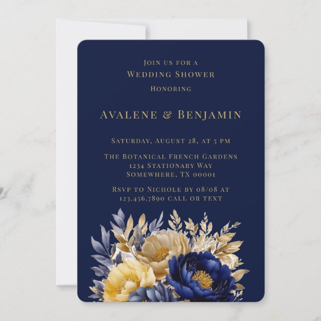 Navy and Gold Watercolor Peony Wedding Shower Invitation (Front)