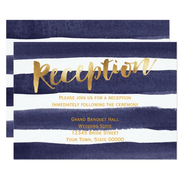 Navy And Gold Watercolor Stripes Wedding Reception Card