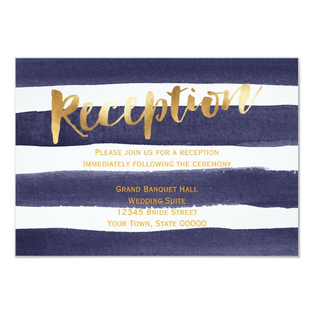 Navy And Gold Watercolor Stripes Wedding Reception Card