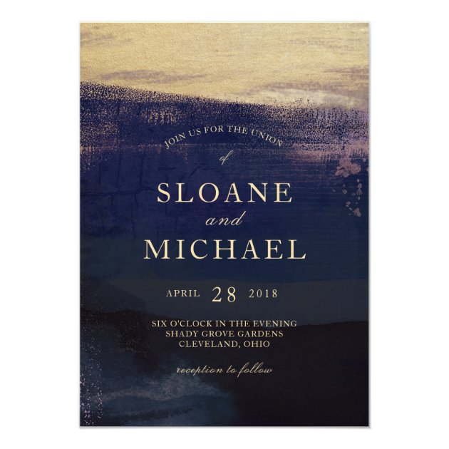 Navy And Gold Watercolor Wash Modern Wedding Invitation