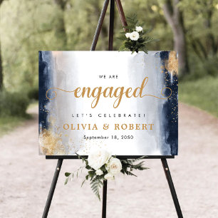 Navy and Gold We Are Engaged Foam Board