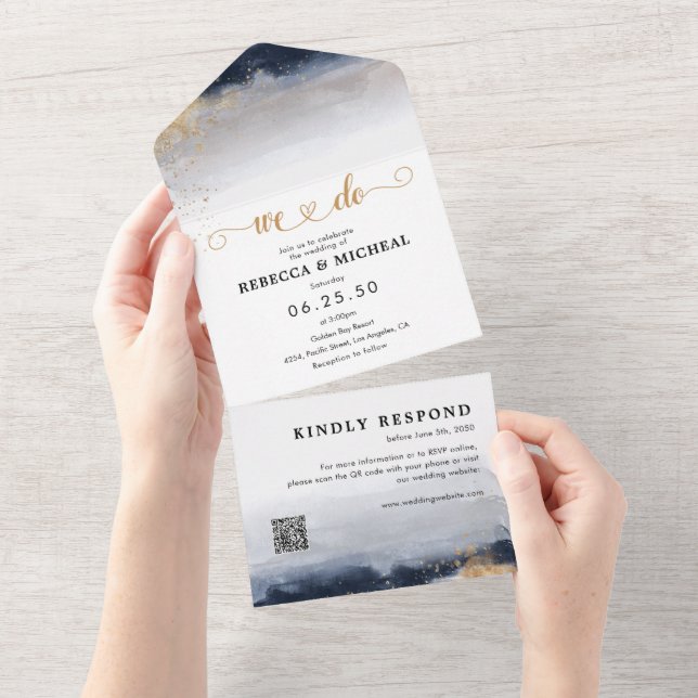 Navy and Gold Wedding Ceremony All in One Invitation (Tearaway)