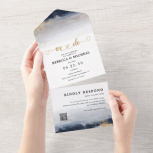 Navy and Gold Wedding Ceremony All in One Invitation