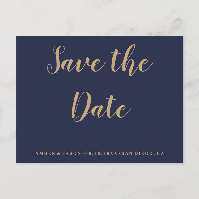 Navy and Gold Wedding Save the Date Announcement Postcard (Front)