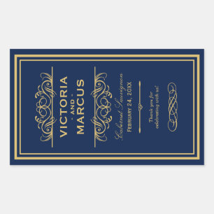 Navy and Gold Wedding Wine Bottle Monogram Favor Rectangular Sticker