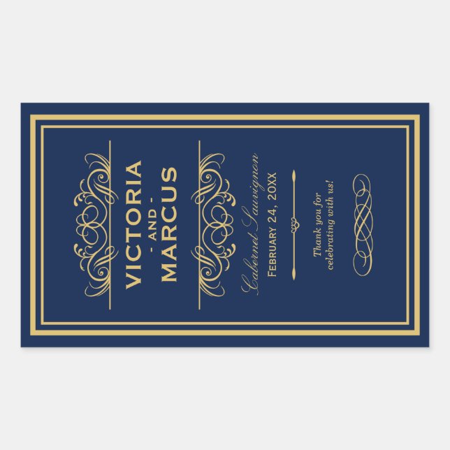 Navy and Gold Wedding Wine Bottle Monogram Favor Rectangular Sticker (Front)