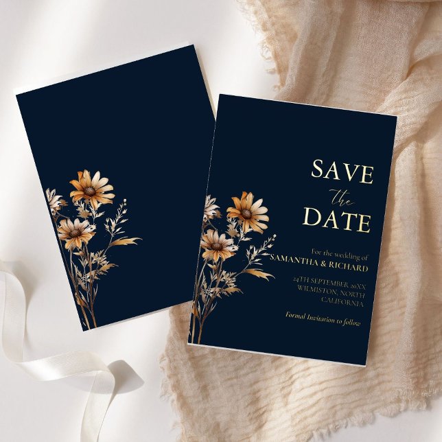 Navy and gold  wildflower wedding save the date foil invitation (Creator Uploaded)