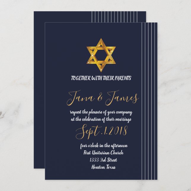 Navy and Golden Star of David Invitation (Front/Back)