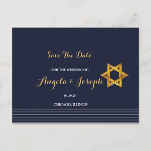 Navy and Golden Star of David Save the Date Postcard
