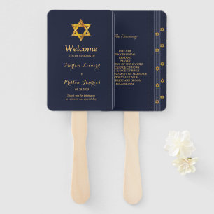 Navy and Golden Star of David Wedding Program Hand Fan