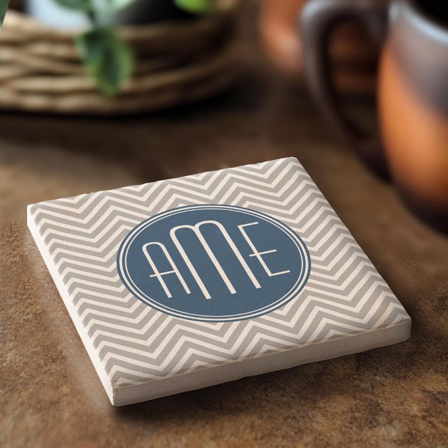 Navy and Gray Chevron Pattern Custom Monogram Stone Coaster (Custom Stone Coaster)