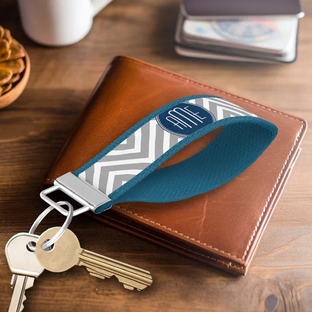 Navy and Gray Chevron Pattern Custom Monogram Wrist Keychain | Zazzle