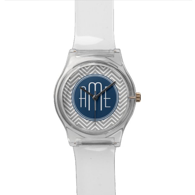 Navy and Gray Chevron Pattern Custom Monogram Wrist Watch (Close Up)
