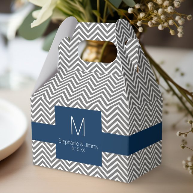 Navy and Gray Chevron Pattern Monogram Wedding Favor Boxes (Personalized favor box - monogram wedding)