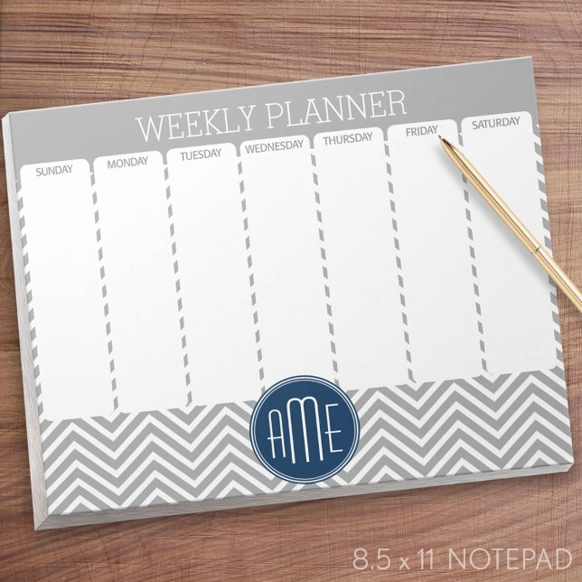 Navy and Gray Chevron Pattern Weekly Planner Notepad (Weekly Planner Notepad - Personalized)