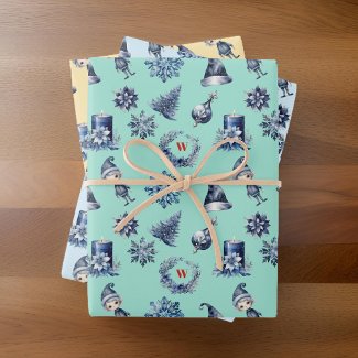 Navy and Gray Elf Trees Wreath Snowflake Monogram