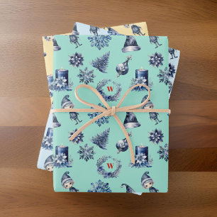 Navy and Gray Elf Trees Wreath Snowflake Monogram Wrapping Paper Sheets