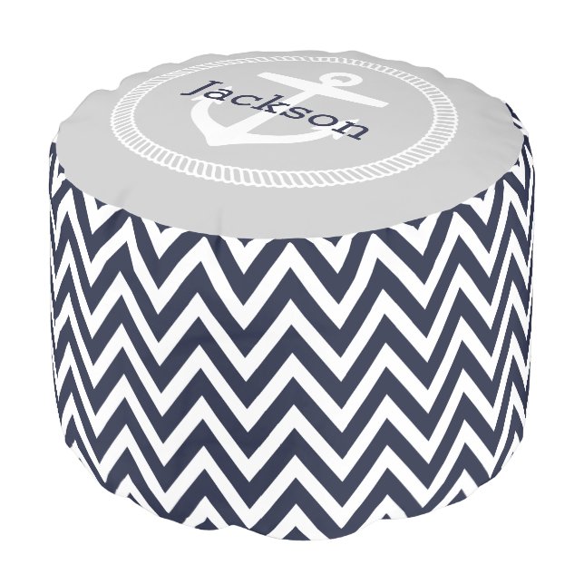 Navy and Gray Nautical Chevron Anchor Monogram Pouf (Angled Front)