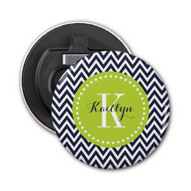 Navy and Green Chevron Monogram Bottle Opener (Front)