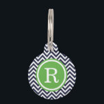 Navy and Green Chevron Monogram Pet ID Tag<br><div class="desc">Cute girly preppy zigzag chevron stripes pattern personalized with your pet's monogram name or initial in a chic circle frame. Back features coordinating colors and space to add your pet's name and emergency contact info. Click Customize It to change fonts and colors or add your own photos and text for...</div>
