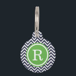Navy and Green Chevron Monogram Pet ID Tag<br><div class="desc">Cute girly preppy zigzag chevron stripes pattern personalized with your pet's monogram name or initial in a chic circle frame. Back features coordinating colors and space to add your pet's name and emergency contact info. Click Customize It to change fonts and colors or add your own photos and text for...</div>