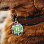 Navy and Green Chevron Monogram Pet ID Tag<br><div class="desc">Cute girly preppy zigzag chevron stripes pattern personalized with your pet's monogram name or initial in a chic circle frame. Back features coordinating colors and space to add your pet's name and emergency contact info. Click Customize It to change fonts and colors or add your own photos and text for...</div>