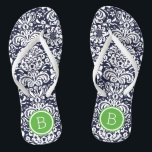 Navy and Green Floral Damask Monogram Flip Flops<br><div class="desc">Custom printed flip flop sandals with a stylish elegant floral damask pattern and your custom monogram or other text in a circle frame. Click Customize It to change text fonts and colors or add your own images to create a unique one of a kind design!</div>