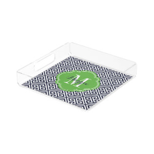 Navy and Green Greek Key Monogram Acrylic Tray