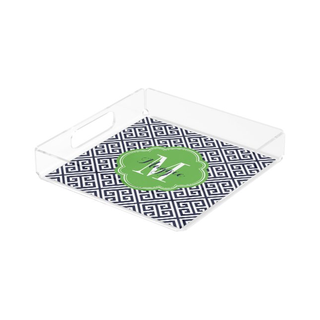 Navy and Green Greek Key Monogram Acrylic Tray (Angled)