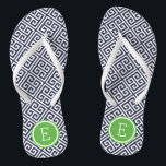 Navy and Green Greek Key Monogram Flip Flops<br><div class="desc">Custom printed flip flop sandals with a stylish modern Greek key pattern and your custom monogram or other text in a circle frame. Click Customize It to change text fonts and colors or add your own images to create a unique one of a kind design!</div>