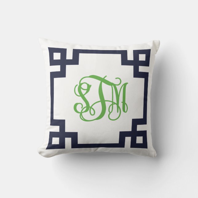 Navy and Green Greek Key Script Monogram - STM Throw Pillow (Front)