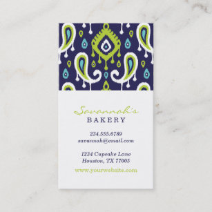 Navy and Green Ikat Paisley Business Cards
