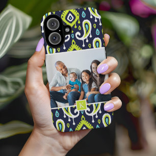 Navy and Green Ikat Paisley Custom Photo Monogram iPhone 16 Case