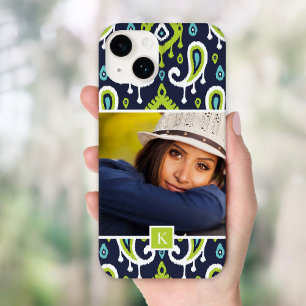 Navy and Green Ikat Paisley Custom Photo Monogram Case-Mate iPhone 14 Case