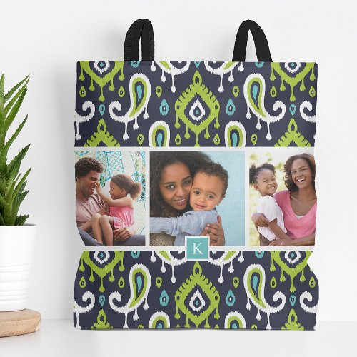 Navy and Green Ikat Paisley Family Photo Monogram Tote Bag