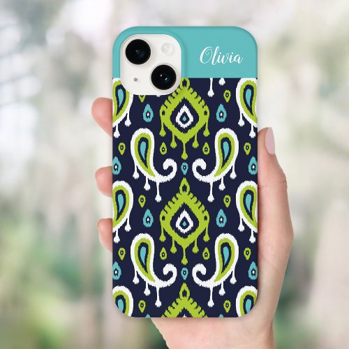 Navy and Green Ikat Paisley Monogram Case_Mate iPhone 14 Case