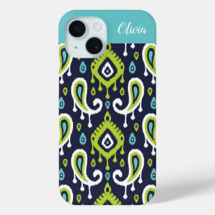Navy and Green Ikat Paisley Monogram iPhone 15 Case