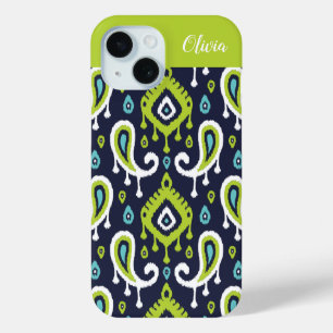 Navy and Green Ikat Paisley Monogram iPhone 15 Case