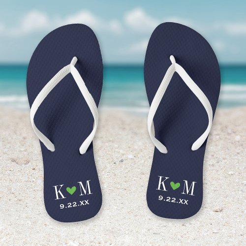 Navy and Green Modern Wedding Monogram Flip Flops