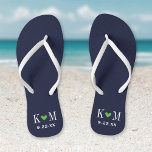 Navy and Green Modern Wedding Monogram Flip Flops<br><div class="desc">Custom printed flip flop sandals personalized with a cute heart and your monogram initials and wedding date. Click Customize It to change text fonts and colors or add your own images to create a unique one of a kind design!</div>