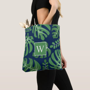 Navy and Green Monogrammed Monstera Leaves Tote Bag