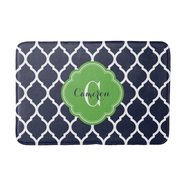 Navy and Green Moroccan Quatrefoil Monogram Bathroom Mat (Front)