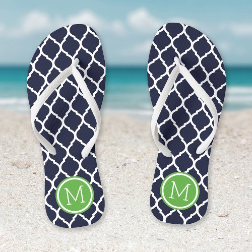 Navy and Green Moroccan Quatrefoil Monogram Flip Flops