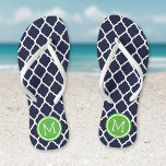 Navy and Green Moroccan Quatrefoil Monogram Flip Flops<br><div class="desc">Custom printed flip flop sandals with a stylish Moroccan quatrefoil pattern and your custom monogram or other text in a circle frame. Click Customize It to change text fonts and colors or add your own images to create a unique one of a kind design!</div>