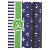 Navy and Green Nautical Anchors Monogram Case For iPad Air