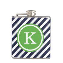 Navy and Green Nautical Stripes Monogram Flask
