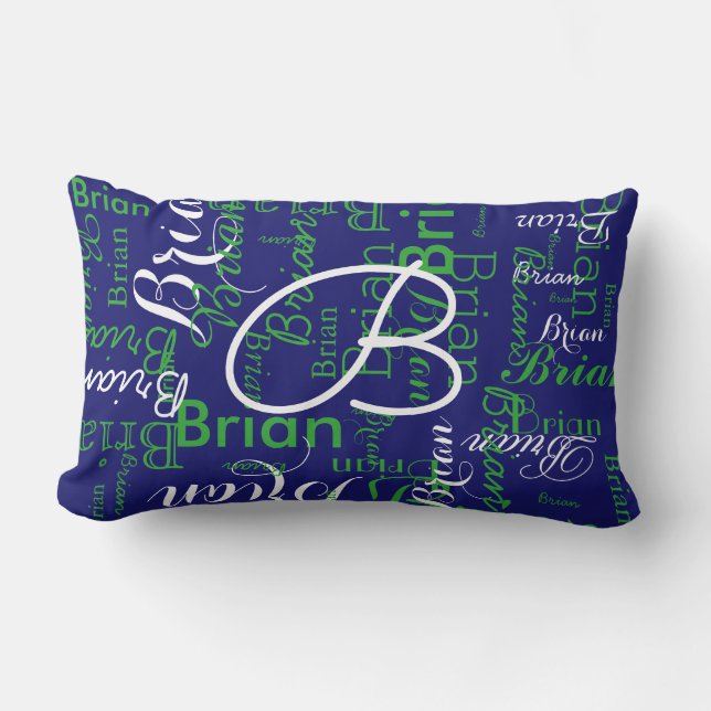 navy and green pattern of names lumbar pillow (Front)