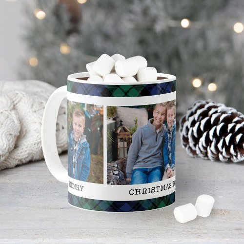 Navy and Green Plaid Custom Christmas Photo Coffee Mug