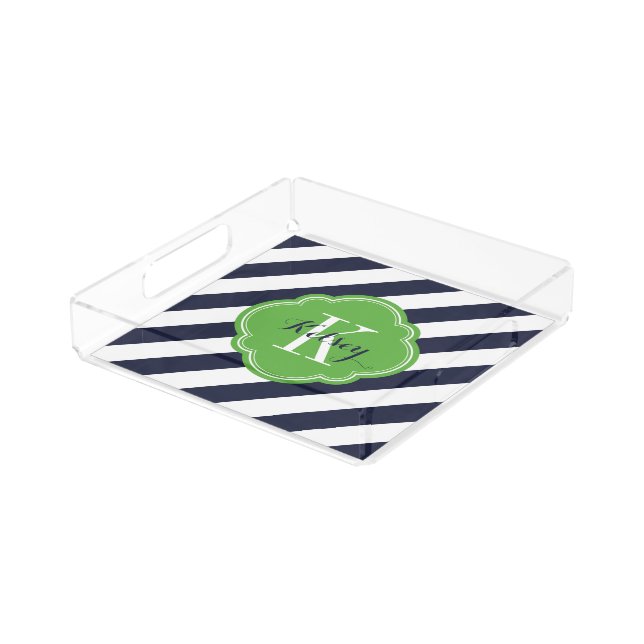 Navy and Green Preppy Stripes Monogram Acrylic Tray (Angled)